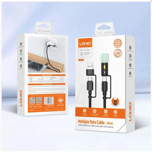 كابل شحن LDNIO LC17 عالمي 4 في 1 من النوع C 65 واط USB-A 50 واط أسود كابل شحن LDNIO LC17 عالمي 4 في 1 من النوع C 65 واط USB-A 50 واط أسود