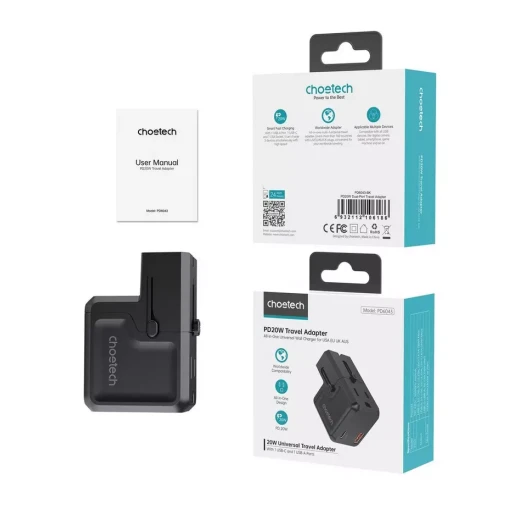 شاحن تشويتك جان 20 واط بمنفذ USB-A و USB-C أسود شحن سريع لأجهزة iPhone 14 و 13 و 12 و Samsung Galaxy والمزيد