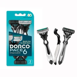 Dorco Pace 6 Disposable Razor for Men 6 Blades Pivoting Head, 3 Rubber Handles on a Card