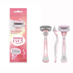 Dorco Eve 5 Razor for Women, 5 Blades Pivoting Wide Head, 1 Rubber Handle in a Pouch