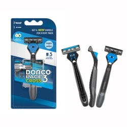 Dorco Pace 3 Cross Disposable Razors for Men, 3 Blades Pivoting Head, 1 Rubber Handle + 3 Refills