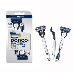 Dorco Pace 5 Pro Disposable Razors for Men, 5 Blades Pivoting Head, 3 Rubber Handles on a Card