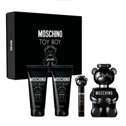 Moschino Toy Boy Men's Fragrance Gift Set: Woody Spicy Scent with 4 Pieces Including Eau de Parfum, Shower Gel, and Aftershave Balm, Ideal for Gifting