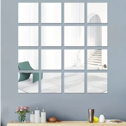 16-Piece Rectangular Self-Adhesive Wall Mirror Set – No-Drill Peel & Stick Installation, Black/White Frame, Modern Bathroom, Bedroom & Home Wall Décor