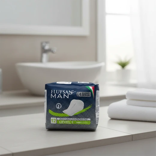 Flufsan Male Incontinence Pads L1, 12 Pieces, Made in Italy, Highly Absorbent, Odor Control, Quick Dry, Disposable, Extra Protection Design - Flufsan - Image 2