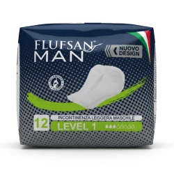 Flufsan Male Incontinence Pads L1, 12 Pieces, Made in Italy, Highly Absorbent, Odor Control, Quick Dry, Disposable, Extra Protection Design