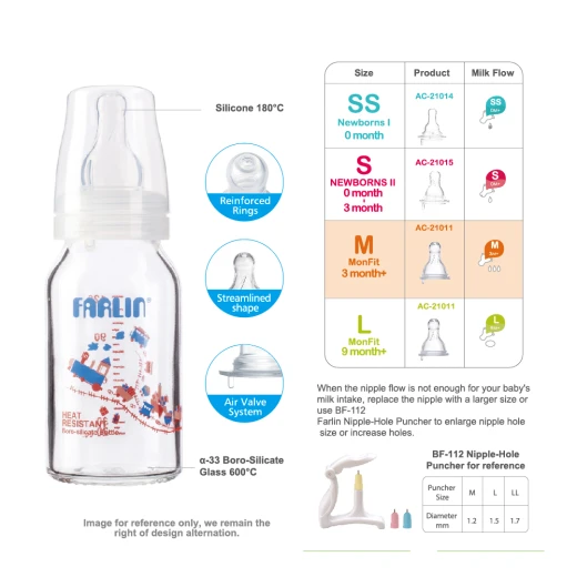Farlin α-33 Glass Baby Bottle 120ml Heat Resistant BoroSilicate Glass - Farlin - Image 3