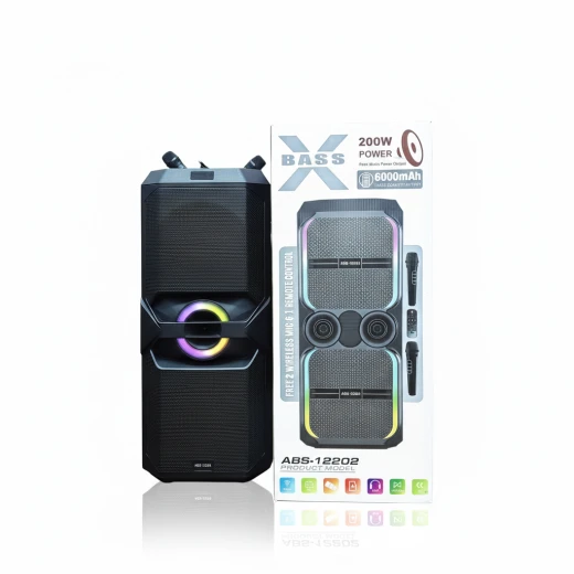 مكبر صوت بلوتوث 12 بوصة بقدرة 200 وات مع صوت HIFI Bass ومصابيح RGB وميكروفونات لاسلكية مزدوجة وبطارية 6000 مللي أمبير في الساعة - موديل ABS-12202