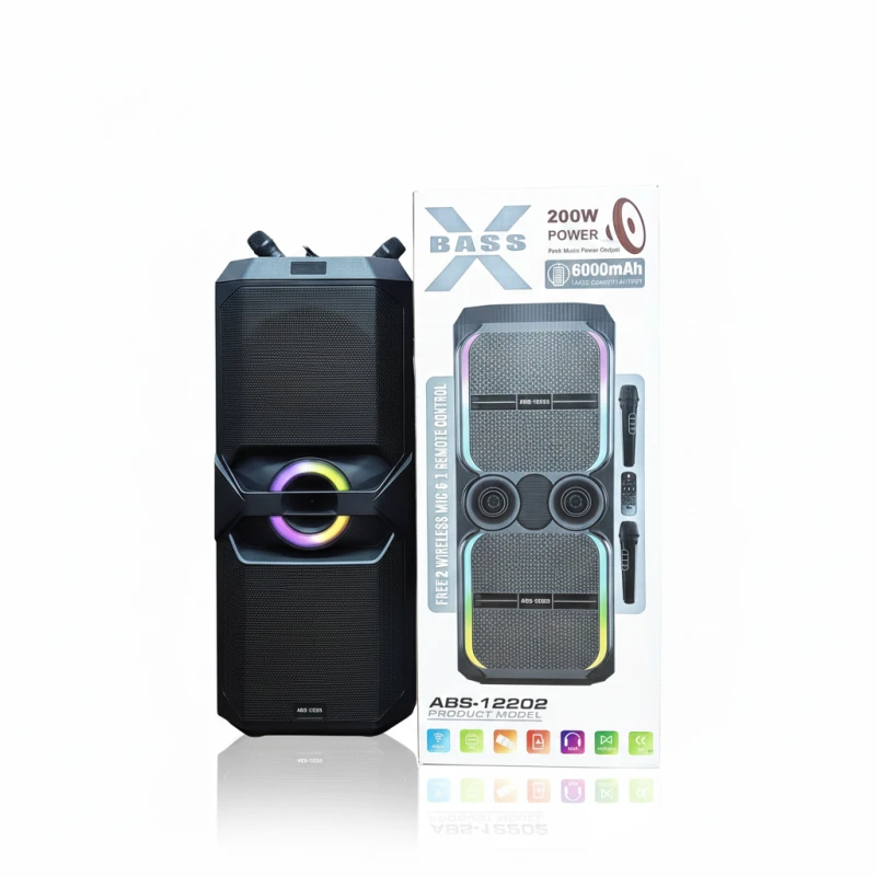 مكبر صوت بلوتوث 12 بوصة بقدرة 200 وات مع صوت HIFI Bass ومصابيح RGB وميكروفونات لاسلكية مزدوجة وبطارية 6000 مللي أمبير في الساعة - موديل ABS-12202