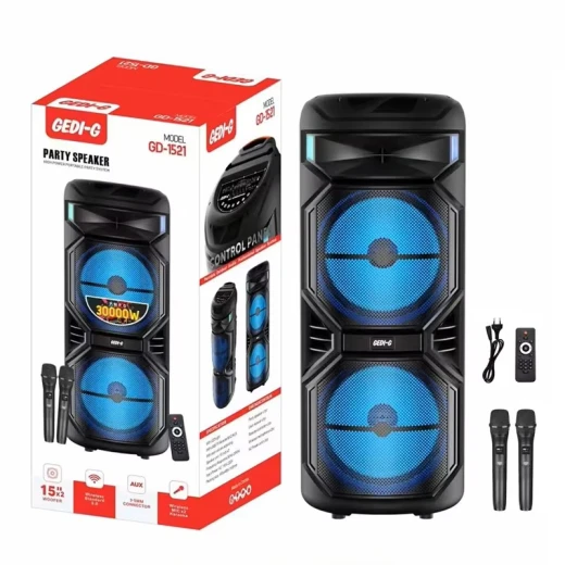 GD-1521 مكبر صوت Big Boombox Tower - ثنائي 15 بوصة ECHO BASS، بلوتوث، مصابيح RGB، بطارية لاسلكية، ميكروفون مزدوج، دعم TF/USB/AUX/FM GD-1521 مكبر صوت Big Boombox Tower - ثنائي 15 بوصة ECHO BASS، بلوتوث، مصابيح RGB، بطارية لاسلكية، ميكروفون مزدوج، دعم TF/USB/AUX/FM