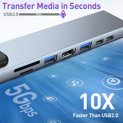 موزع USB-C، محول USB-C ثماني في واحد مع منفذ HDMI بدقة 4K، وشحن سريع بقدرة 100 واط، ومنفذ USB-C، ومنفذ USB 3.0، ومنفذ إيثرنت RJ45، وقارئ بطاقات SD/TF، ​​ومحطة إرساء متوافقة مع أجهزة MacBook Pro/Air المحمولة المزودة بمنفذ USB-C وغيرها من الأجهزة من النوع C. - Image 4