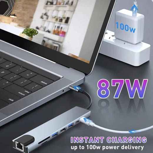 موزع USB-C، محول USB-C ثماني في واحد مع منفذ HDMI بدقة 4K، وشحن سريع بقدرة 100 واط، ومنفذ USB-C، ومنفذ USB 3.0، ومنفذ إيثرنت RJ45، وقارئ بطاقات SD/TF، ​​ومحطة إرساء متوافقة مع أجهزة MacBook Pro/Air المحمولة المزودة بمنفذ USB-C وغيرها من الأجهزة من النوع C. - Image 6