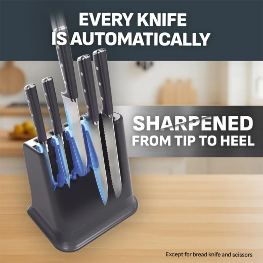 طقم سكاكين تيفال EverSharp Pro مكون من 5 قطع مع قاعدة حادة أوتوماتيكية، لون أزرق منتصف الليل TFK297S644، تصميم أنيق وعملي، شفرات حادة وعالية الجودة لتقطيع سريع ودقيق، مثالي للمطبخ اليومي - Image 7