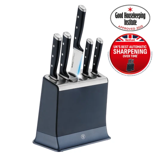 طقم سكاكين تيفال EverSharp Pro مكون من 5 قطع مع قاعدة حادة أوتوماتيكية، لون أزرق منتصف الليل TFK297S644، تصميم أنيق وعملي، شفرات حادة وعالية الجودة لتقطيع سريع ودقيق، مثالي للمطبخ اليومي - Image 2