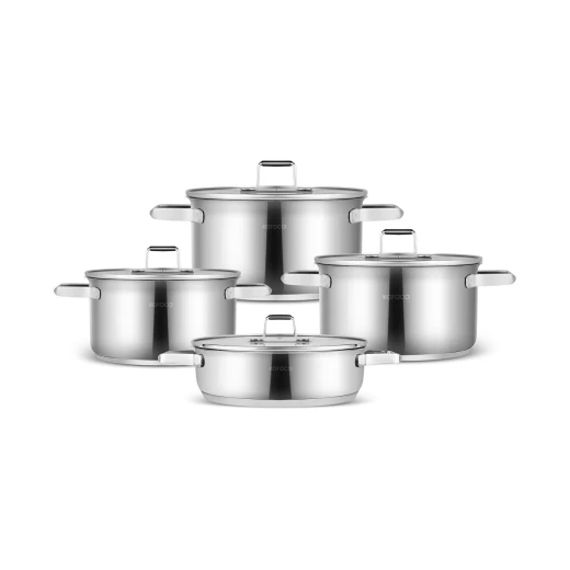 طقم أواني الطهي كاراجا فالورا 8 قطع من الستانلس ستيل مع أغطية زجاجية مقواة ومقابض مريحة، مناسب لجميع أنواع المواقد بما في ذلك الحث الحراري