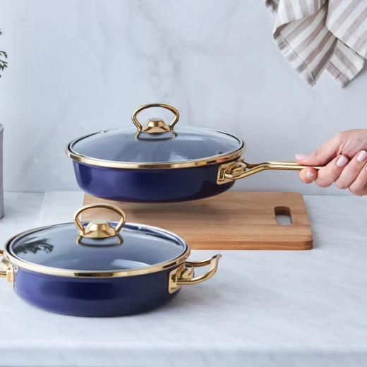 Karaca Piraye Enamel 2 Piece Pan Set Navy Blue Gold Non-Stick Cookware - karaca - Image 2