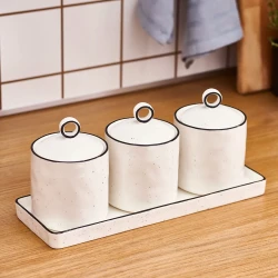 Karaca Lina Line 3 Piece Porcelain Spice Jar Set with Airtight Lids and Elegant Design in White Color, Perfect for Kitchen Organization and Storage