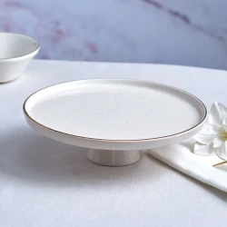 Karaca Calvin Ekru Ceramic Footed Serving Plate: Elegant Design for Serving Dishes, 23 cm Diameter, Perfect for Presenting Appetizers and Desserts, Durable and Stylish