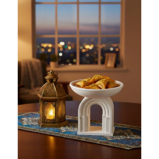 صحن تقديم بارتفاع 21 سم بطابع رمضاني أنيق، مثالي لتقديم التمر والضيافة، قطعة ديكور إسلامية تضيف أجواء روحانية مميزة خلال شهر رمضان والمناسبات الدينية صحن تقديم بارتفاع 21 سم بطابع رمضاني أنيق، مثالي لتقديم التمر والضيافة، قطعة ديكور إسلامية تضيف أجواء روحانية مميزة خلال شهر رمضان والمناسبات الدينية