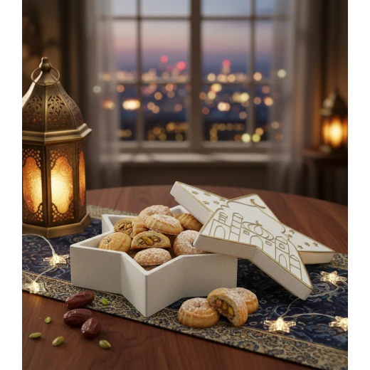 مضيف تقديم 21.5 سم لكعك العيد والتمر مع غطاء على شكل نجمة رمضان بطابع رمضاني أنيق، مثالي لتقديم الحلويات والتمر مضيف تقديم 21.5 سم لكعك العيد والتمر مع غطاء على شكل نجمة رمضان بطابع رمضاني أنيق، مثالي لتقديم الحلويات والتمر