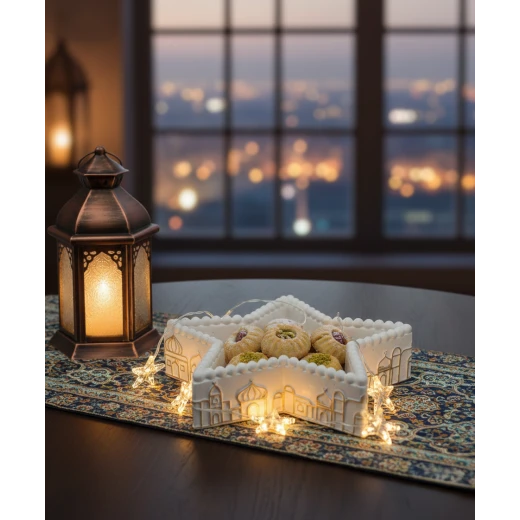 مضيف تقديم 26 سم على شكل نجمة مزخرف بطابع رمضاني أنيق – مثالي لتقديم الحلويات والتمر، قطعة ديكور تضيف جو روحاني مميز خلال شهر رمضان والمناسبات الدينية