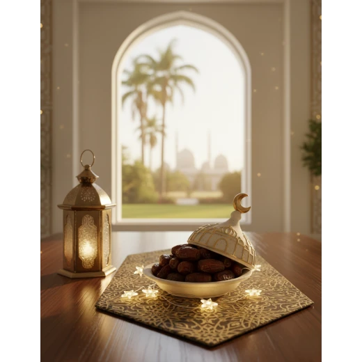 صحن تقديم رمضان – مضيفة صحن تمر مزين بطابع رمضاني  مثالي لتقديم التمر والحلويات، قطعة ديكور أنيقة تضيف جو روحاني ومميز للمنزل خلال رمضان والمناسبات الدينية