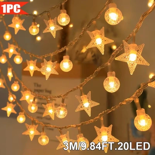 أضواء سلسلة LED على شكل أقمار ونجوم - تعمل بالبطارية، 20 مصباح LED، 3متر، وظيفة تشغيل/إيقاف أضواء سلسلة LED على شكل أقمار ونجوم - تعمل بالبطارية، 20 مصباح LED، 3متر، وظيفة تشغيل/إيقاف