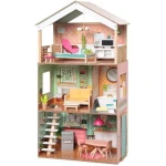 بيت دمى خشبي من KidKraft Dottie، 3 طوابق، 12 ملحق، وردي/أخضر