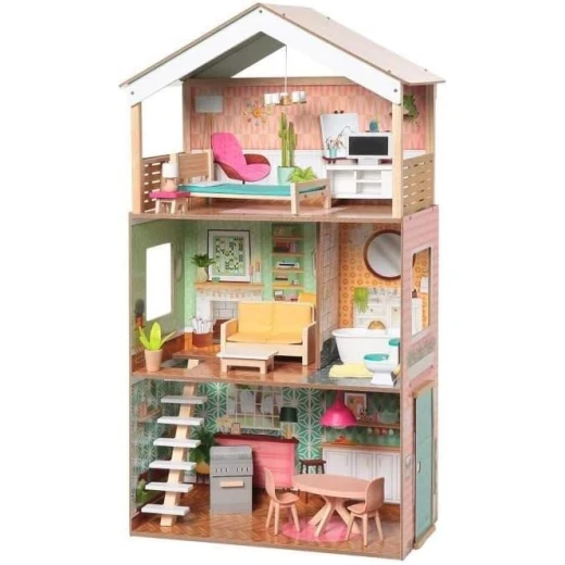 بيت دمى خشبي من KidKraft Dottie، 3 طوابق، 12 ملحق، وردي/أخضر بيت دمى خشبي من KidKraft Dottie، 3 طوابق، 12 ملحق، وردي/أخضر