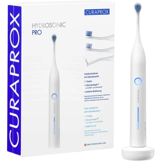 فرشاة أسنان كهربائية Curaprox Hydrosonic Pro 1 قطعة، تنظيف صوتي للثة الحساسة، تتضمن 3 رؤوس فرشاة