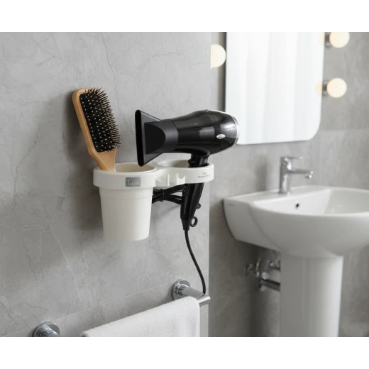 Takoo Multifunction Wall-Mounted Hair Dryer Rack – ABS Space-Saving Organizer with Accessory Compartment & Cable Management