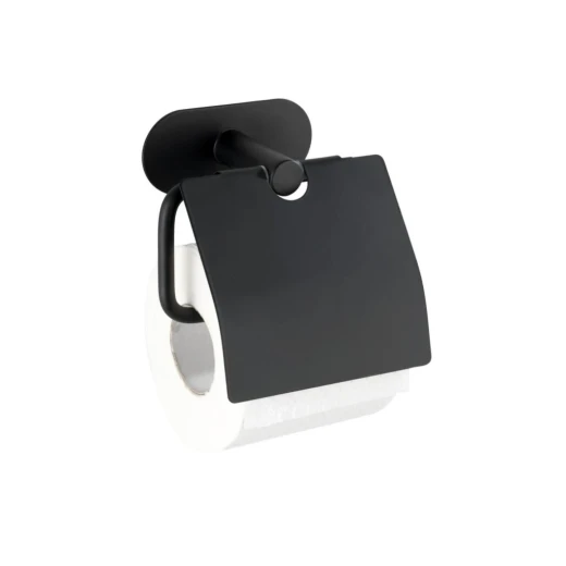 Wenko Orea Turbo-Loc Toilet Paper Holder with Cover - Stainless Steel - Black Matt (No Drilling)