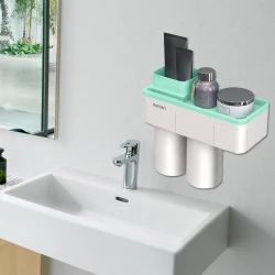 Adsorption Cup Toothbrush Toothpaste Holder Family Washroom Bathroom Punch-Free Phone Tooth Brush Rack Green 2 Cups
