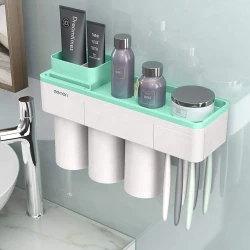 Menon 3-Cup Wall-Mounted Toothbrush Holder – Magnetic Inverted Cup Design, Self-Adhesive Storage with Drawer & Phone Holder (Green)
