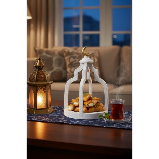 طبق تقديم رمضاني بتصميم مئذنة وقبة ذهبية - أوعية ضيافة واسعة للقطايف، التمر، والمكسرات، قطعة ديكور فاخرة لمائدة الإفطار والسحور