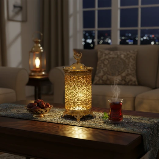 فانوس رمضان ذهبي مودرن بارتفاع 22 سم بنقوش شجرية مفرغة وإضاءة LED داخلية دافئة - قطعة ديكور رمضانية أنيقة للمنزل والمكتب بتصميم عصري وقاعدة ثابتة فانوس رمضان ذهبي مودرن بارتفاع 22 سم بنقوش شجرية مفرغة وإضاءة LED داخلية دافئة - قطعة ديكور رمضانية أنيقة للمنزل والمكتب بتصميم عصري وقاعدة ثابتة