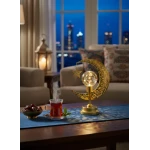 مصباح رمضان ذهبي بتصميم هلال ونجمة مع إضاءة LED كروية دافئة - قطعة ديكور إسلامية أنيقة للطاولة والرفوف للمنزل والمكتب 29 سم - دمية رمضان