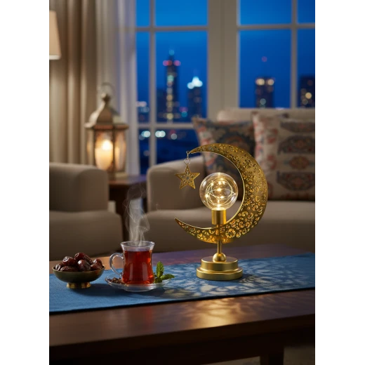 مصباح رمضان ذهبي بتصميم هلال ونجمة مع إضاءة LED كروية دافئة - قطعة ديكور إسلامية أنيقة للطاولة والرفوف للمنزل والمكتب 29 سم مصباح رمضان ذهبي بتصميم هلال ونجمة مع إضاءة LED كروية دافئة - قطعة ديكور إسلامية أنيقة للطاولة والرفوف للمنزل والمكتب 29 سم