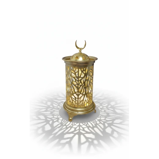 فانوس رمضان ذهبي مودرن بارتفاع 22 سم بنقوش شجرية مفرغة وإضاءة LED داخلية دافئة - قطعة ديكور رمضانية أنيقة للمنزل والمكتب بتصميم عصري وقاعدة ثابتة - دمية رمضان - Image 3
