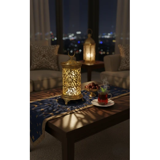 فانوس رمضان ذهبي مودرن بارتفاع 22 سم بنقوش شجرية مفرغة وإضاءة LED داخلية دافئة - قطعة ديكور رمضانية أنيقة للمنزل والمكتب بتصميم عصري وقاعدة ثابتة فانوس رمضان ذهبي مودرن بارتفاع 22 سم بنقوش شجرية مفرغة وإضاءة LED داخلية دافئة - قطعة ديكور رمضانية أنيقة للمنزل والمكتب بتصميم عصري وقاعدة ثابتة