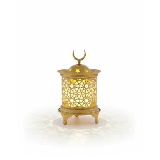 فانوس رمضان ذهبي مودرن بارتفاع 15 سم بنقوش مفرغة وإضاءة LED داخلية دافئة - قطعة ديكور رمضانية أنيقة للمنزل والمكتب بتصميم عصري وقاعدة ثابتة - دمية رمضان - Image 3