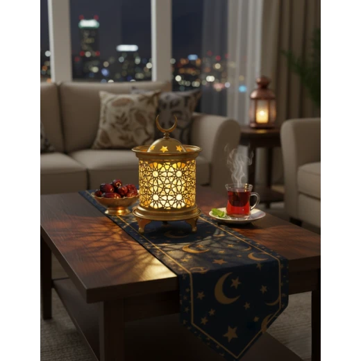 فانوس رمضان ذهبي مودرن بارتفاع 15 سم بنقوش مفرغة وإضاءة LED داخلية دافئة - قطعة ديكور رمضانية أنيقة للمنزل والمكتب بتصميم عصري وقاعدة ثابتة فانوس رمضان ذهبي مودرن بارتفاع 15 سم بنقوش مفرغة وإضاءة LED داخلية دافئة - قطعة ديكور رمضانية أنيقة للمنزل والمكتب بتصميم عصري وقاعدة ثابتة