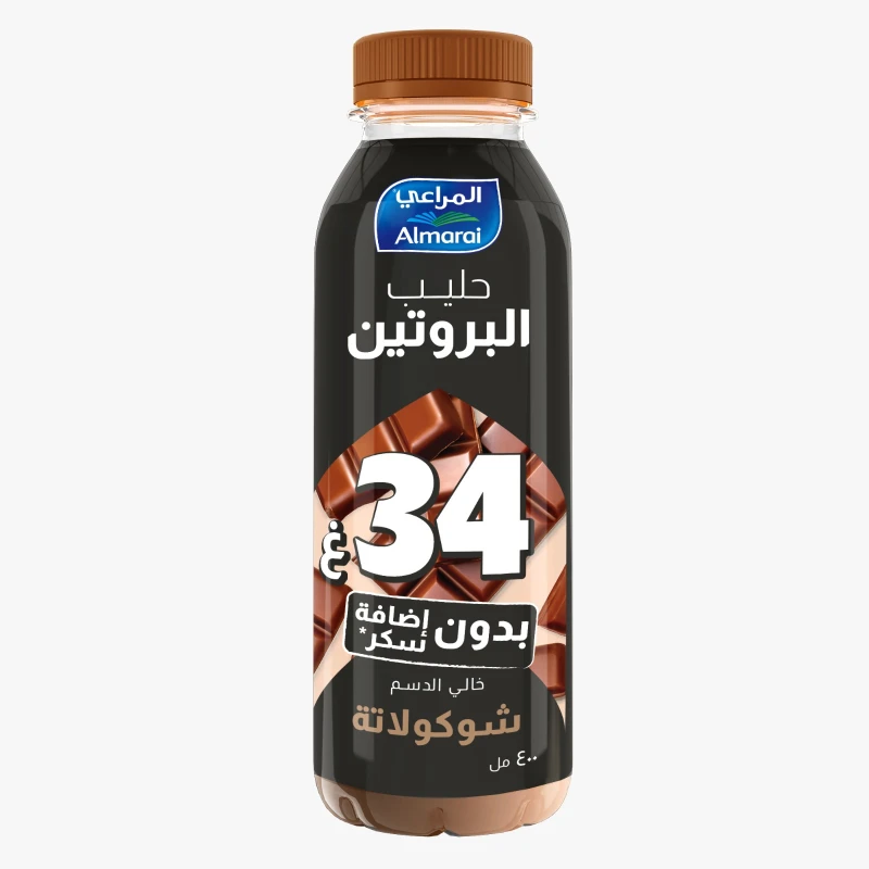 حليب المراعي بروتين قليل الدسم بنكهة الشوكولاتة 400 جرام، معزز بالمغذيات الأساسية لتعزيز عملية الاستشفاء العضلي، طعم لذيذ، حجم مناسب للتغذية أثناء التنقل - المراعي