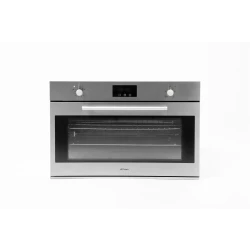 Conti stainless steel oven with a 125-liter capacity, 90 cm width, equipped with a digital display and 4 cooking fans, gas grill and rotisserie, self-ignition and safety valve, telescopic rack, soft-close door, easy-clean compartment with two baking trays, made in Italy