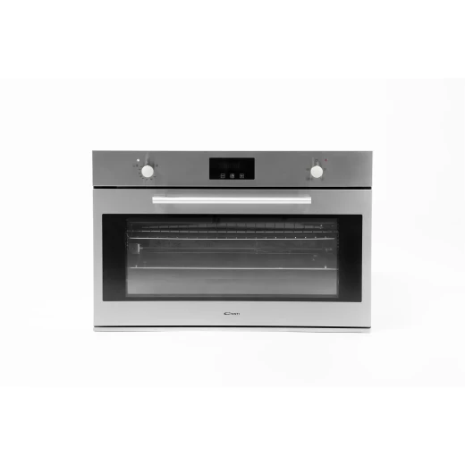 Conti stainless steel oven with a 125-liter capacity, 90 cm width, equipped with a digital display and 4 cooking fans, gas grill and rotisserie, self-ignition and safety valve, telescopic rack, soft-close door, easy-clean compartment with two baking trays, made in Italy Conti stainless steel oven with a 125-liter capacity, 90 cm width, equipped with a digital display and 4 cooking fans, gas grill and rotisserie, self-ignition and safety valve, telescopic rack, soft-close door, easy-clean compartment with two baking trays, made in Italy