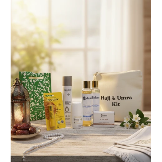 Fragrance-Free Hajj & Umrah Essential Kit | Ihram-Friendly Hygiene Set with EZderm, Beesline, and Portable Prayer Mat