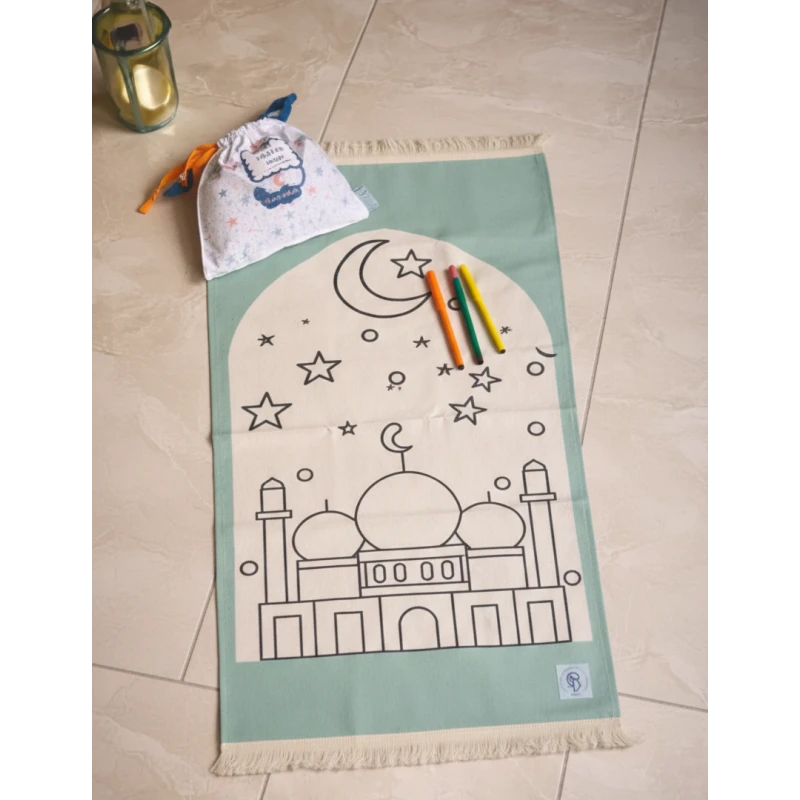 Color Me Kids’ Ramadan Coloring Prayer Mat (Light Green) – Washable & Reusable Interactive Mat with Travel Bag - yaco