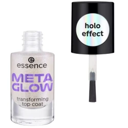 Essence Meta Glow Transforming Top Coat Silver Blue Duochrome Shimmer Nail Polish 12ml Bottle Long Lasting Finish Salon Quality Topcoat for Stunning Manicures and Pedicures