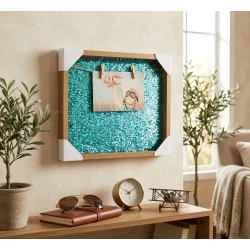 An elegant wooden frame with a charming sequined background, measuring 32.5 x 27.5 cm, featuring a distinctive modern design that adds a touch of luxury and sparkle to home decor. Perfect for displaying photos and memories in an attractive and stylish way in any interior space