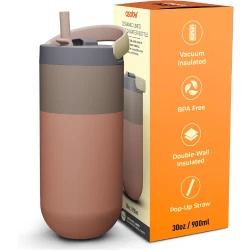 Asobu Orbit 30oz Insulated Water Bottle, Pastel Peach, with Pop-Up Lid and Handle
